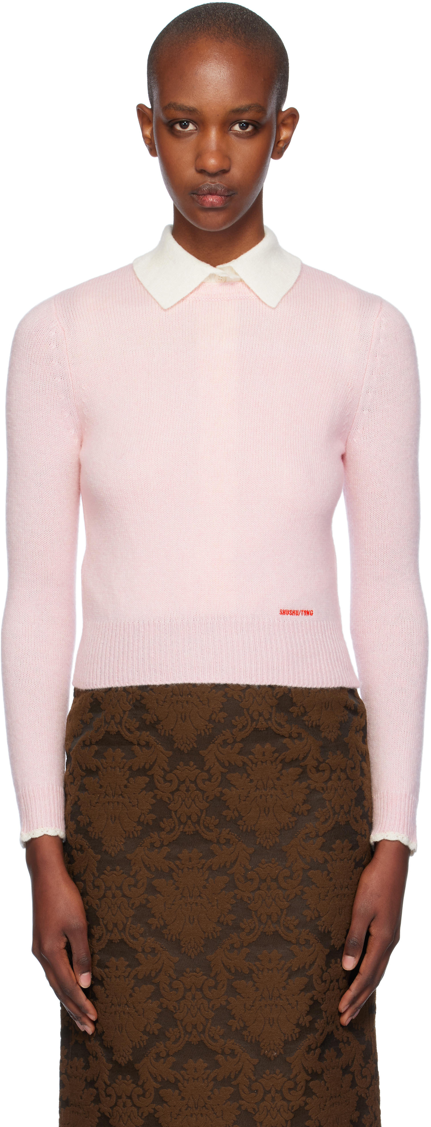Pink Round-Neck Knit Sweater by SHUSHU/TONG on Sale Pink Round-Neck Knit Sweater by SHUSHU/TONG on Sale