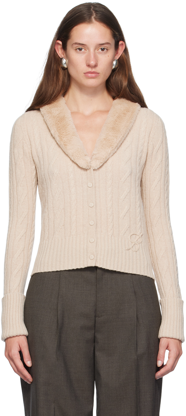 Shop Blumarine Off-white Faux-fur Collar Cardigan In N0813 Croissant