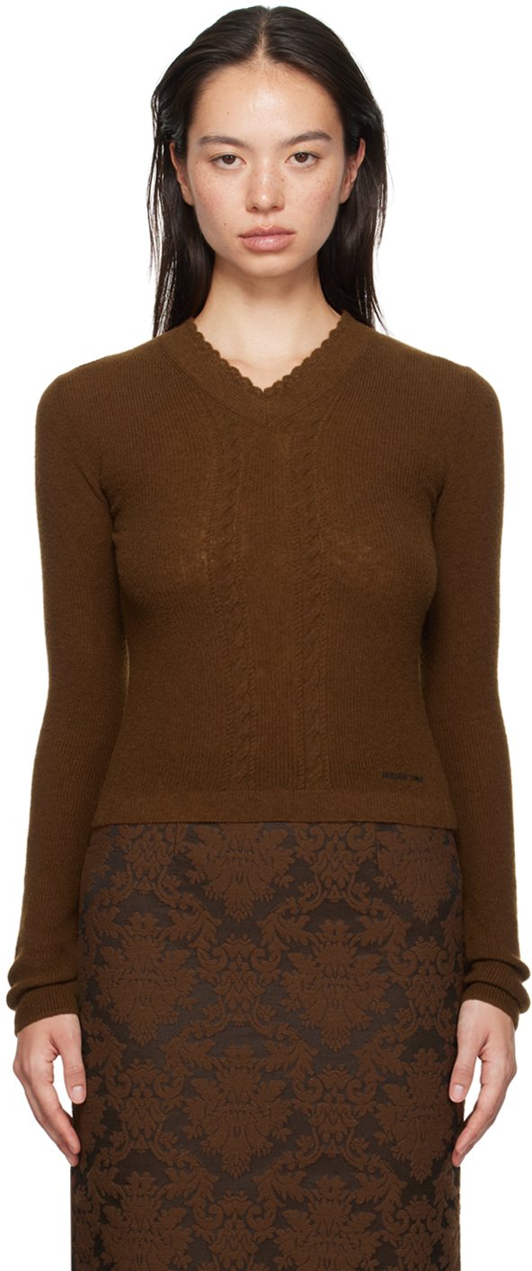 Shop Shushu-tong Brown Lace-trimmed V-neck Sweater In Ca100 Caramel