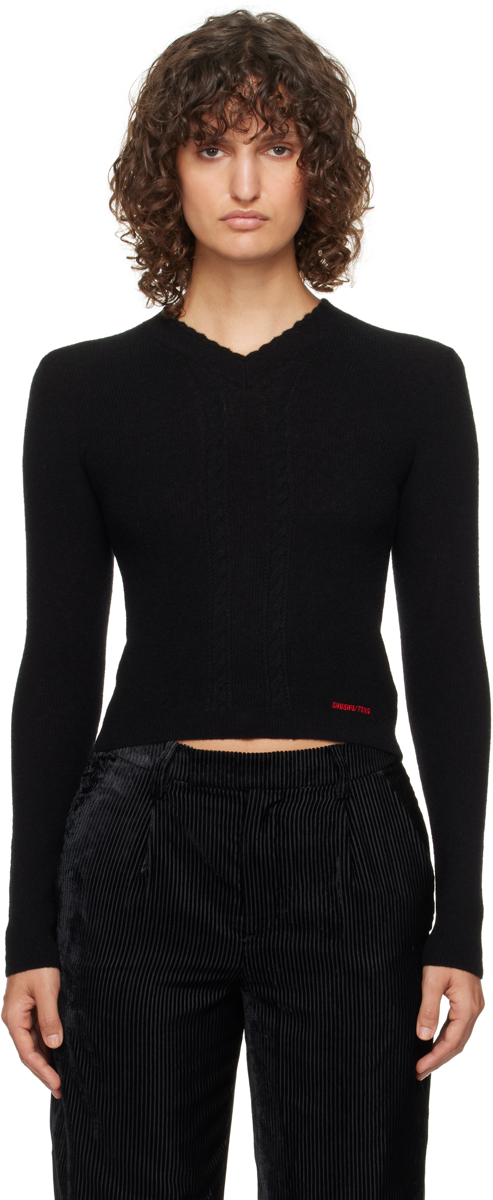 Shushu-tong Black Lace-trimmed V-neck Knit Sweater In Ba100 Black