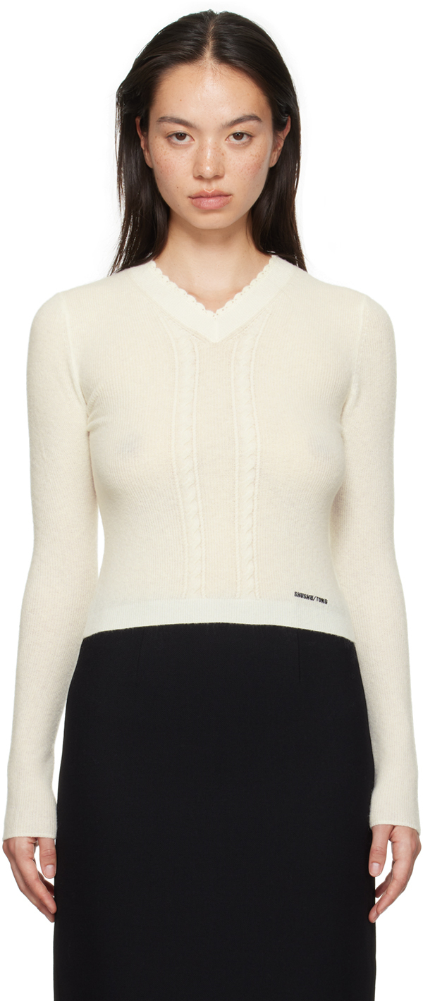 Shop Shushu-tong White Lace-trimmed V-neck Sweater In Wh100 White