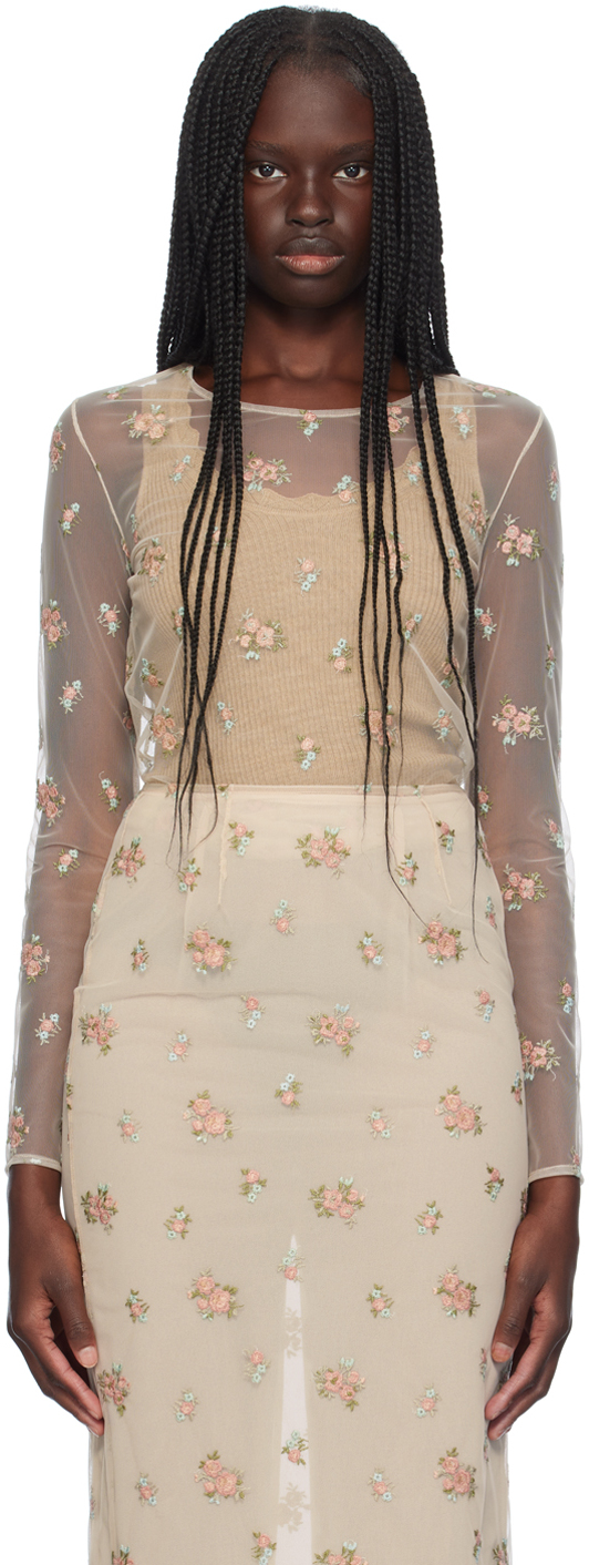 Shop Blumarine Beige Sheer Floral Blouse In F1427 Grain\ginger