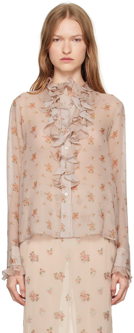 Shop Blumarine Pink Georgette Bouquet Print & Ruffles Blouse In F8061 Tapioca Beige/