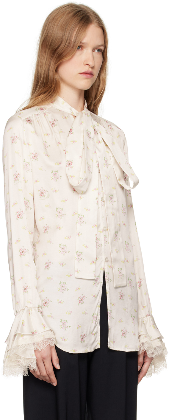 Shop Blumarine Off-white Floral Print Satin Shirt In F1027 Whi Pearl/lav