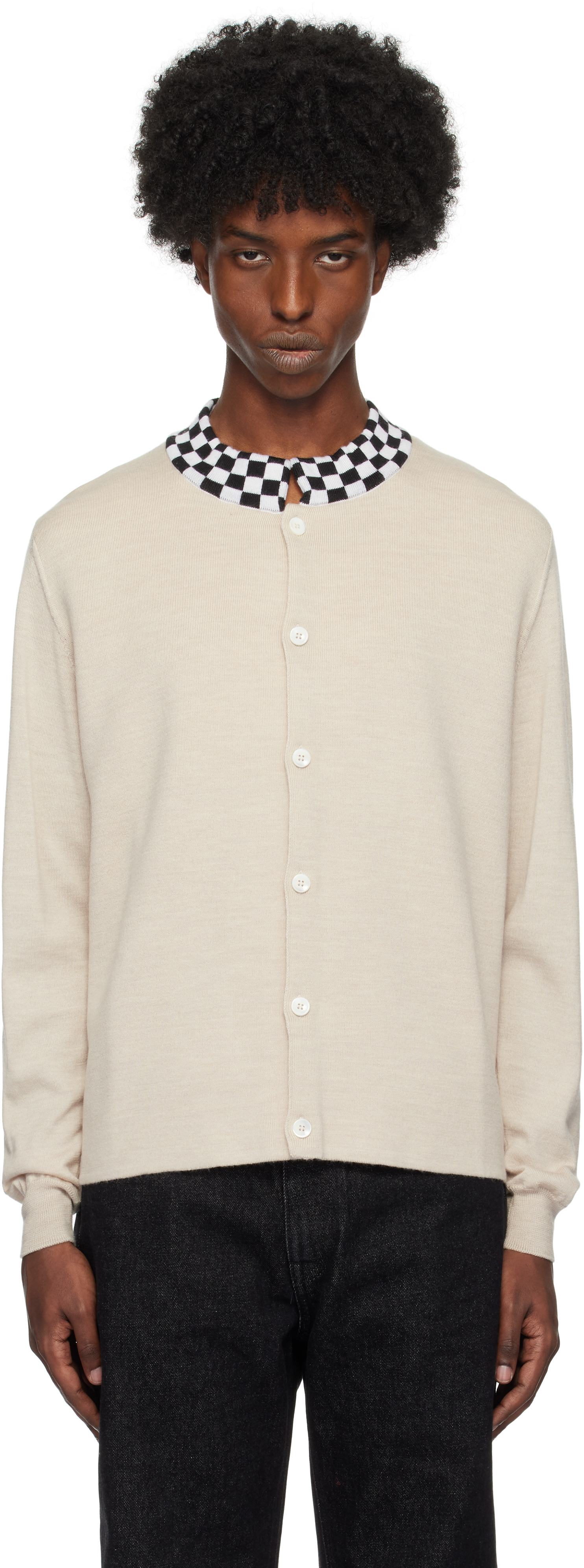 Beige Crew Collar Knit Cardigan