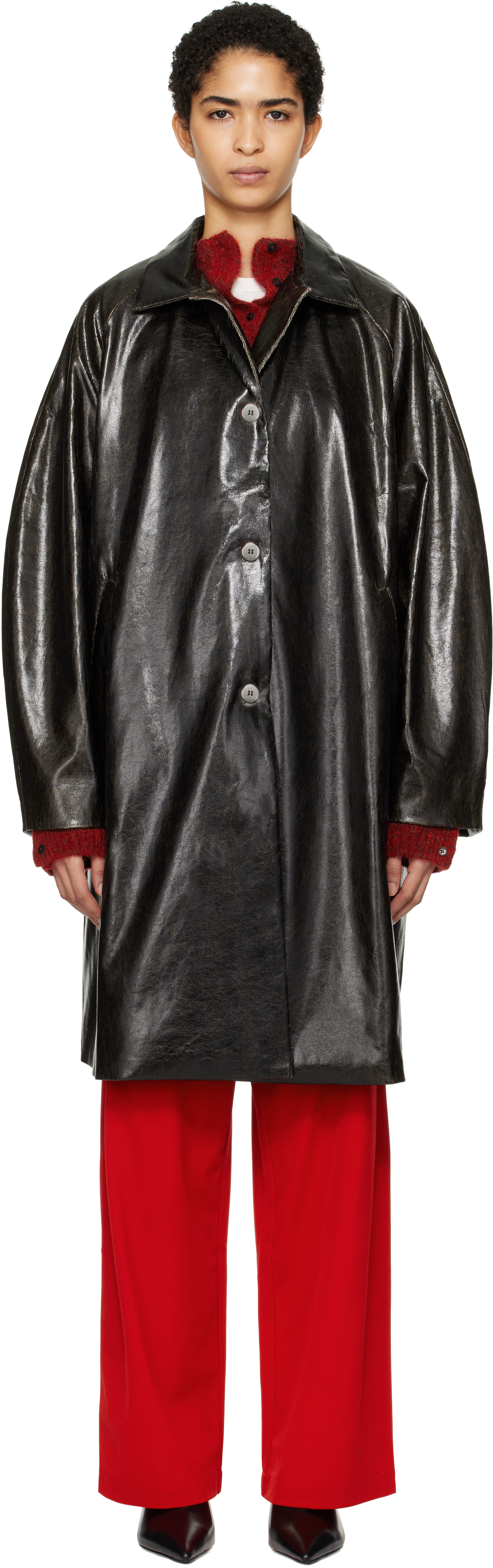 Black Scratched Faux-Leather Coat