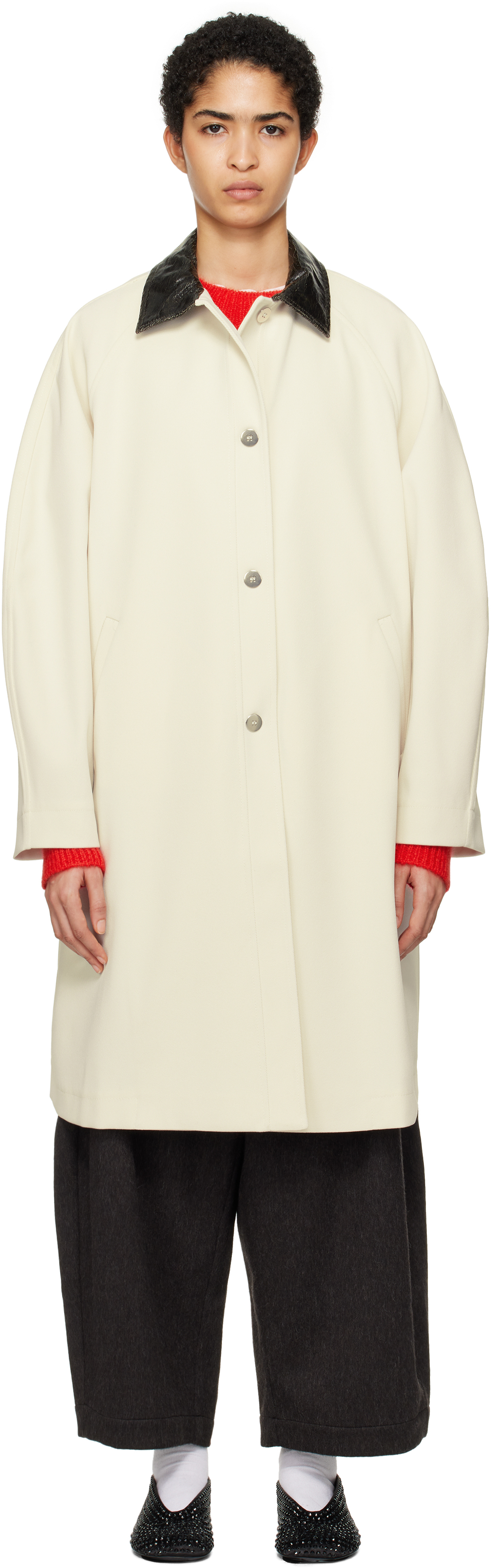 Off-White Faux-Leather Collar Trench Coat