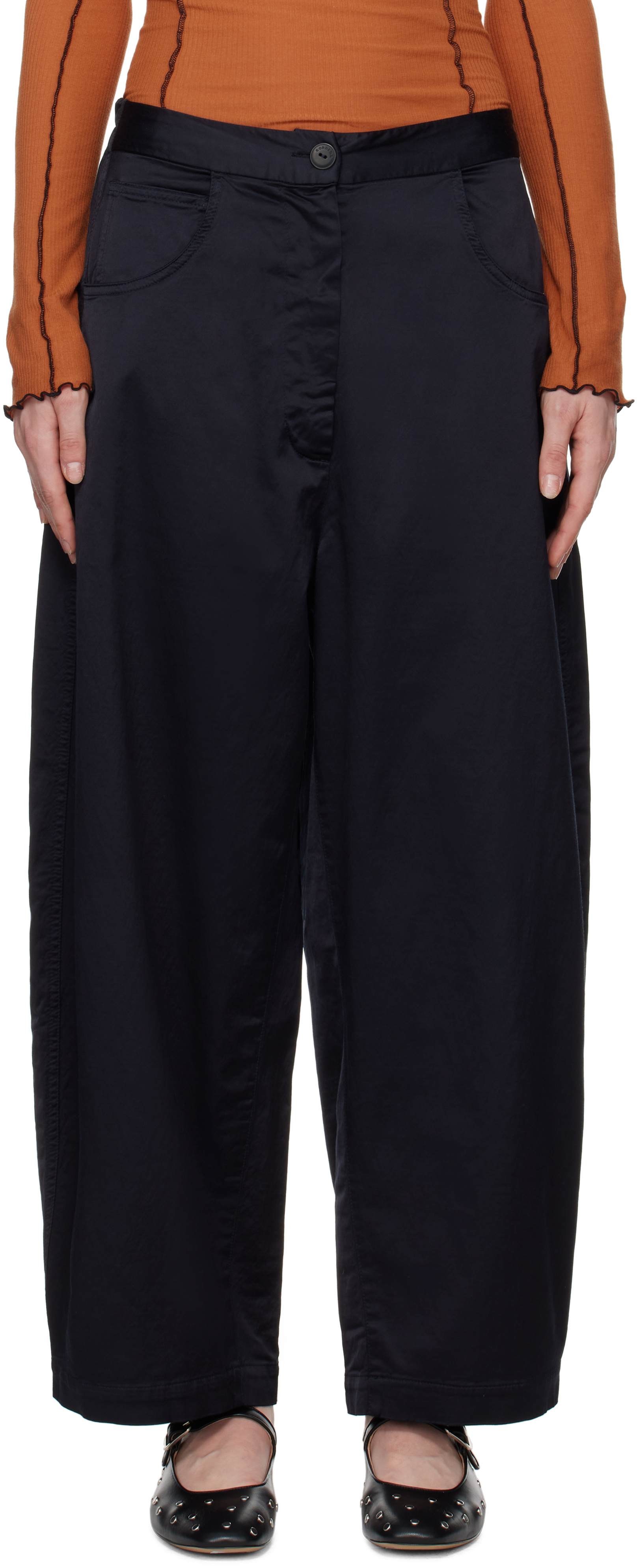 Navy Satin Curved Trousers