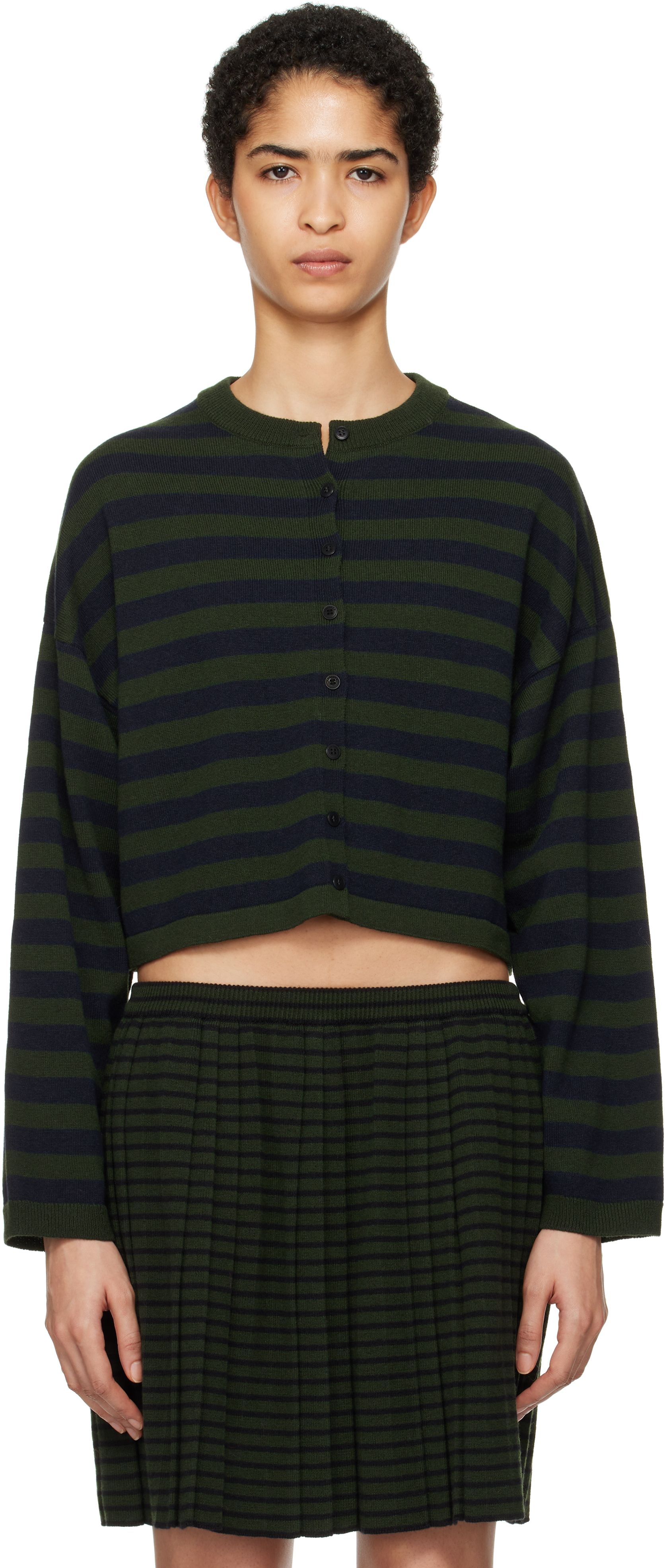 Green & Navy Merino Wool Striped Cardigan