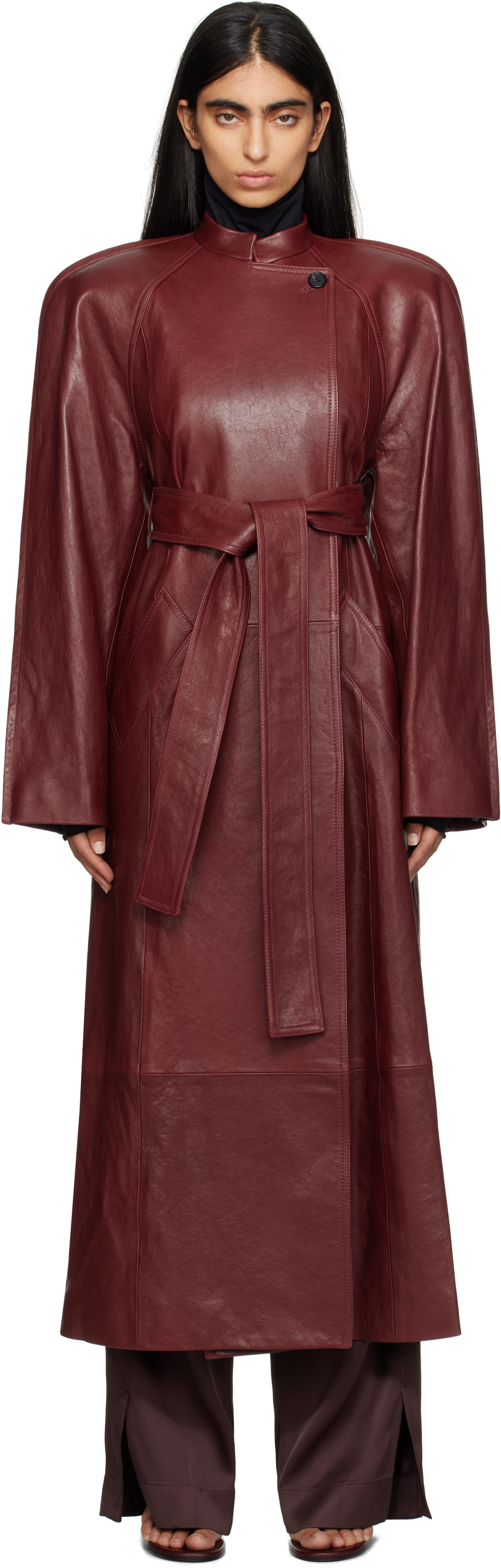 Khaite Red Rothen Leather Coat In Burgundy