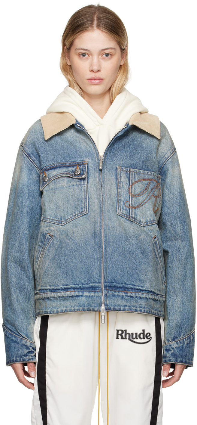 Shop Rhude Indigo Western Denim Jacket In 0492 Indigo/tan