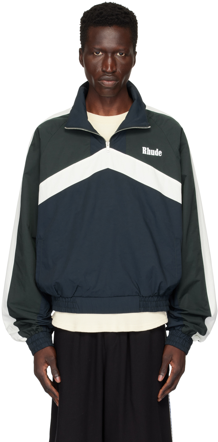 Shop Rhude Navy & Green Motorsport Track Jacket In Navy/green/white