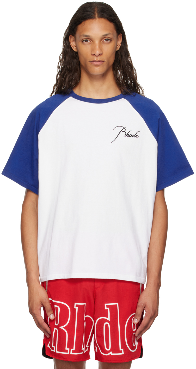 Shop Rhude Blue & White Raglan Logo T-shirt In Cobalt Blue/white