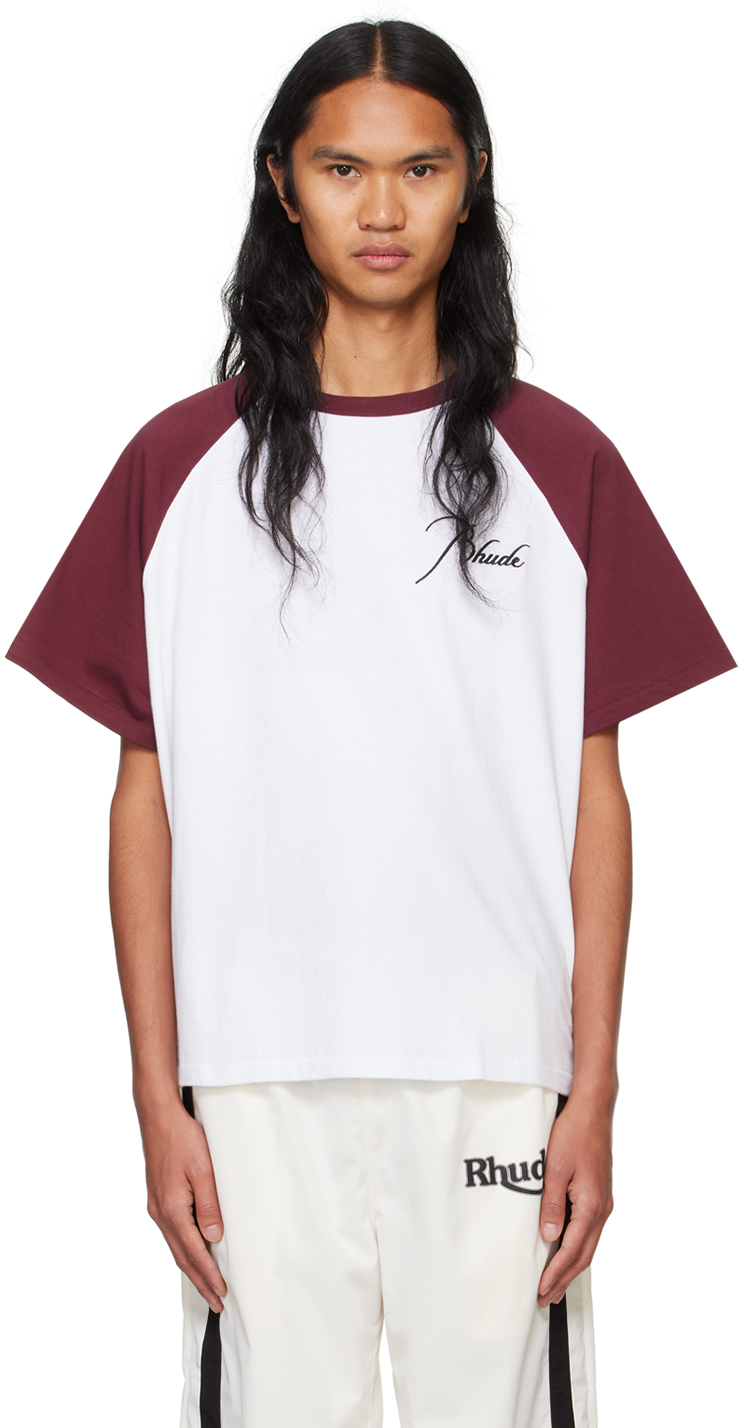 Shop Rhude White & Burgundy Raglan Logo T-shirt