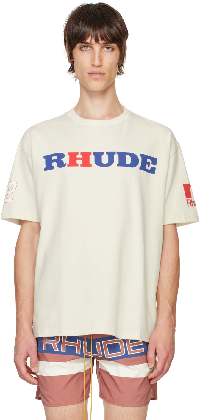 Shop Rhude Off-white Racing T-shirt In Vtg White