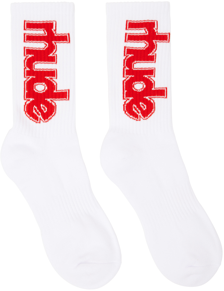 Rhude: White 'Rhude' Ski Club Socks | SSENSE