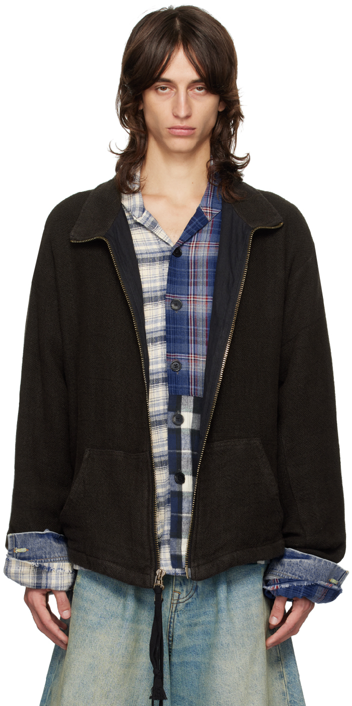 Shop Greg Lauren Black Burlap Linen Zip Neck Jacket