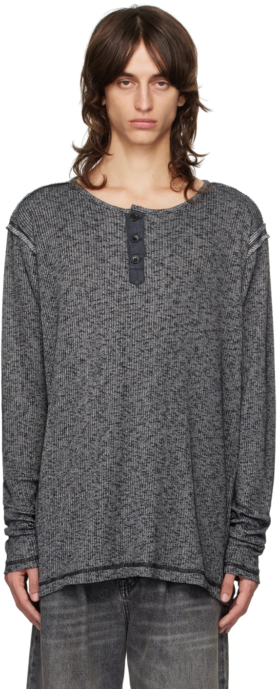 Shop Greg Lauren Gray Lightweight Henley In Charcoal