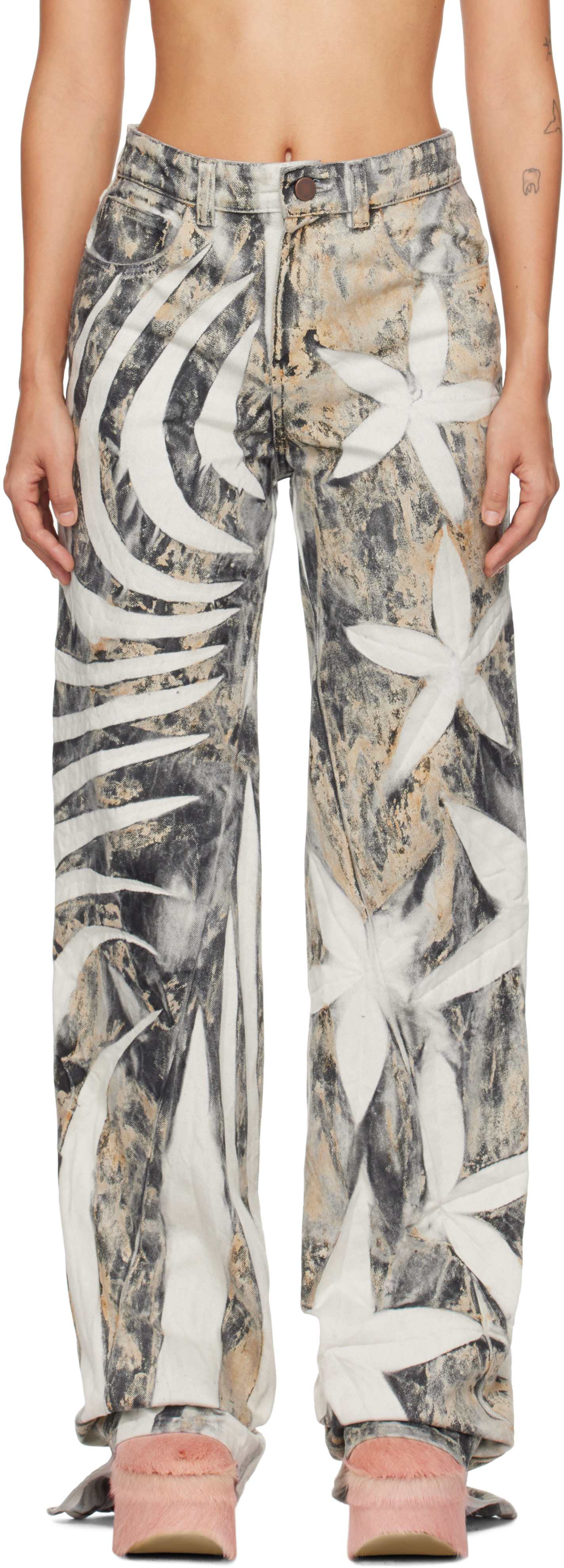 MASHA POPOVA SSENSE EXCLUSIVE WHITE & BLACK TRIBAL BIAS CUT BOYFRIEND JEANS 