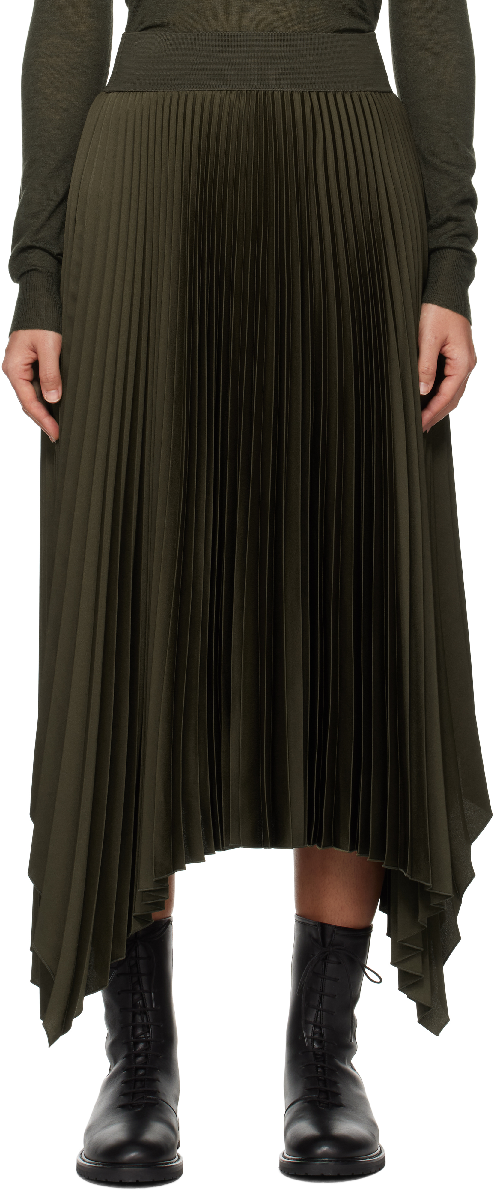 Khaki Knit Weave Plissé Ade Midi Skirt