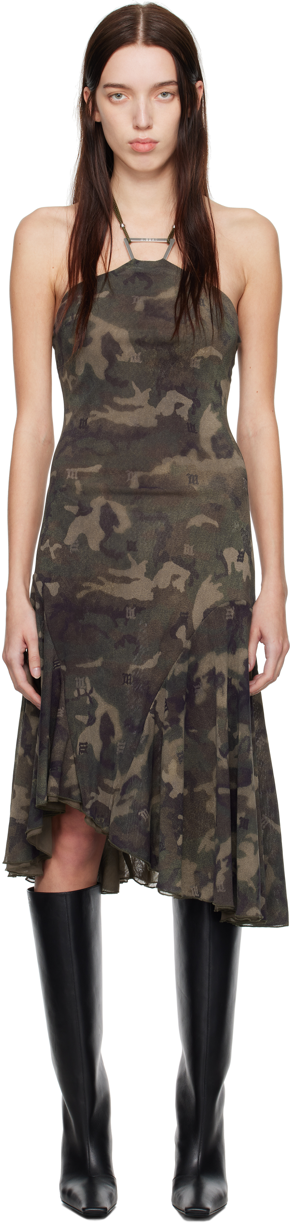 Khaki Camo Mesh Trapezoid Midi Dress