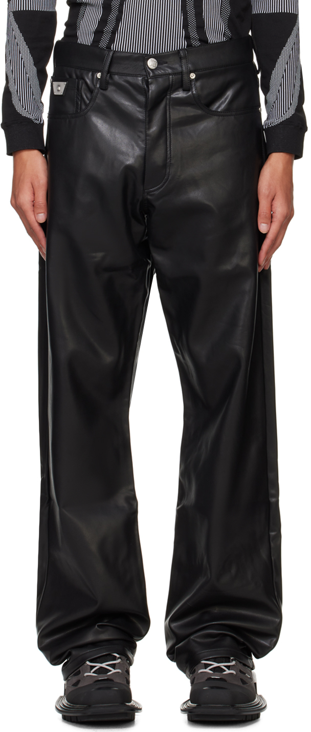 Black Button-Fly Faux-Leather Trousers