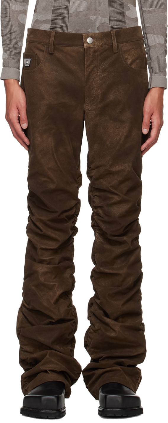 Brown Ruched Faux-Leather Trousers