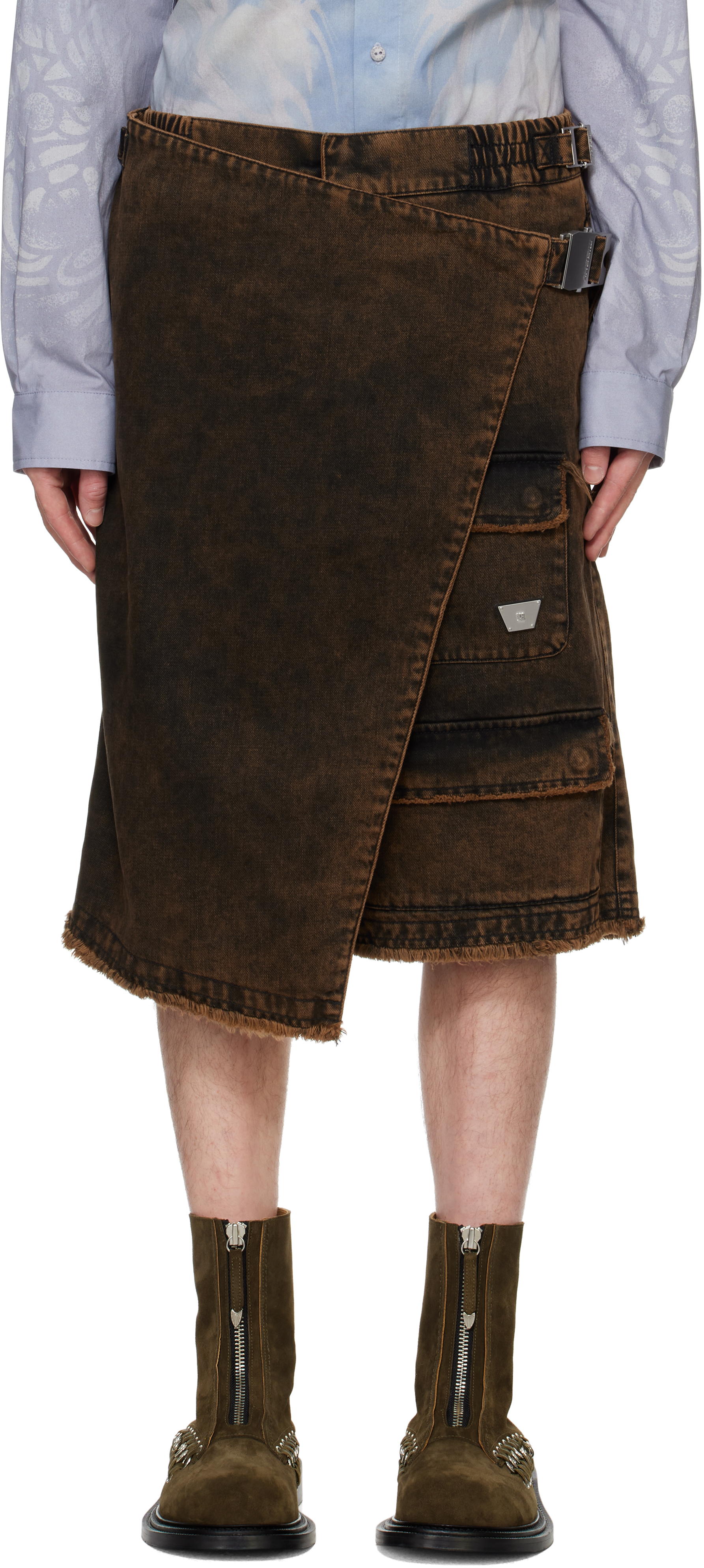 Misbhv Brown Ibiza Cargo Kilt Denim Shorts In Acid Black