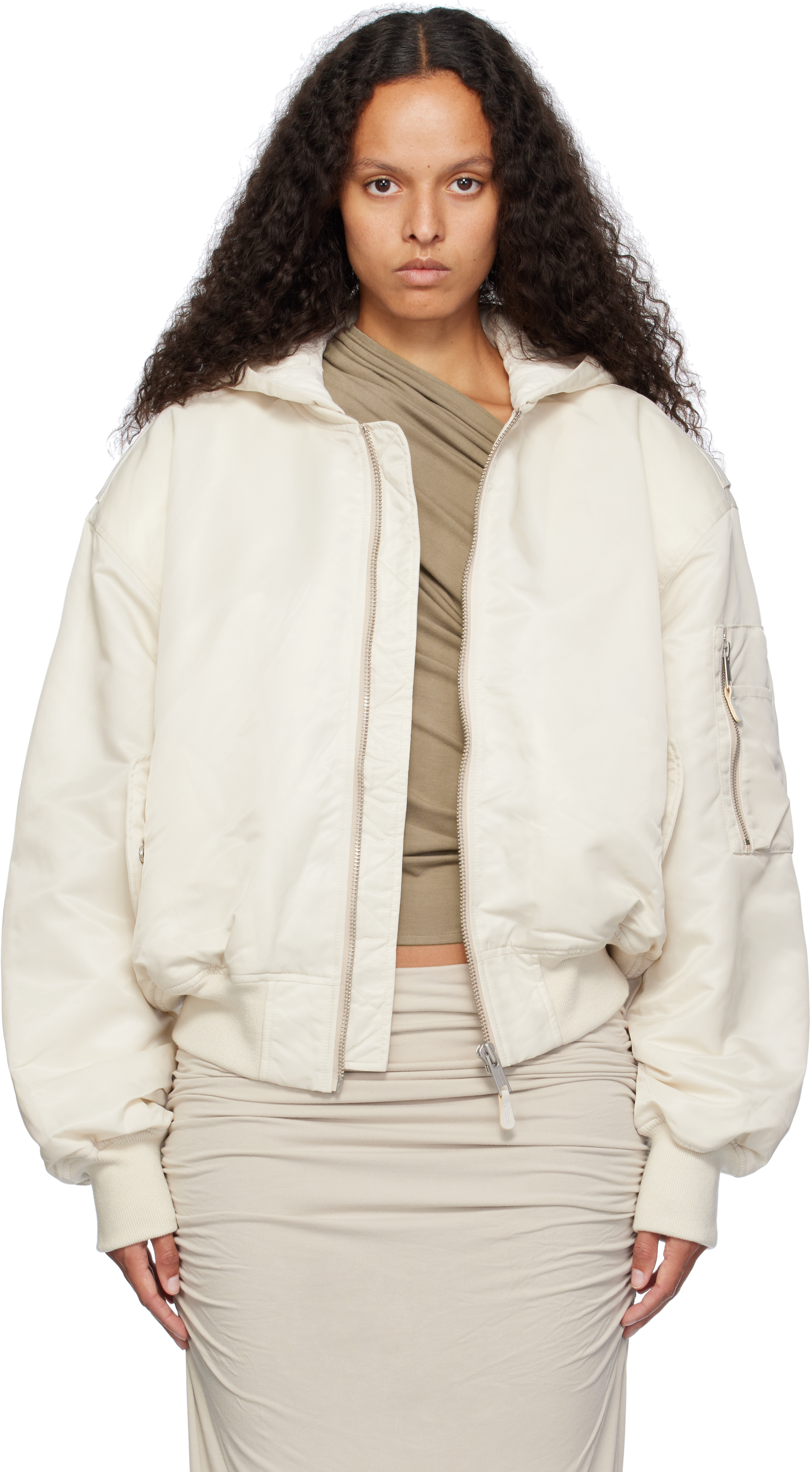 Entire Studios Off White Hooded Broad Bomber Jacket