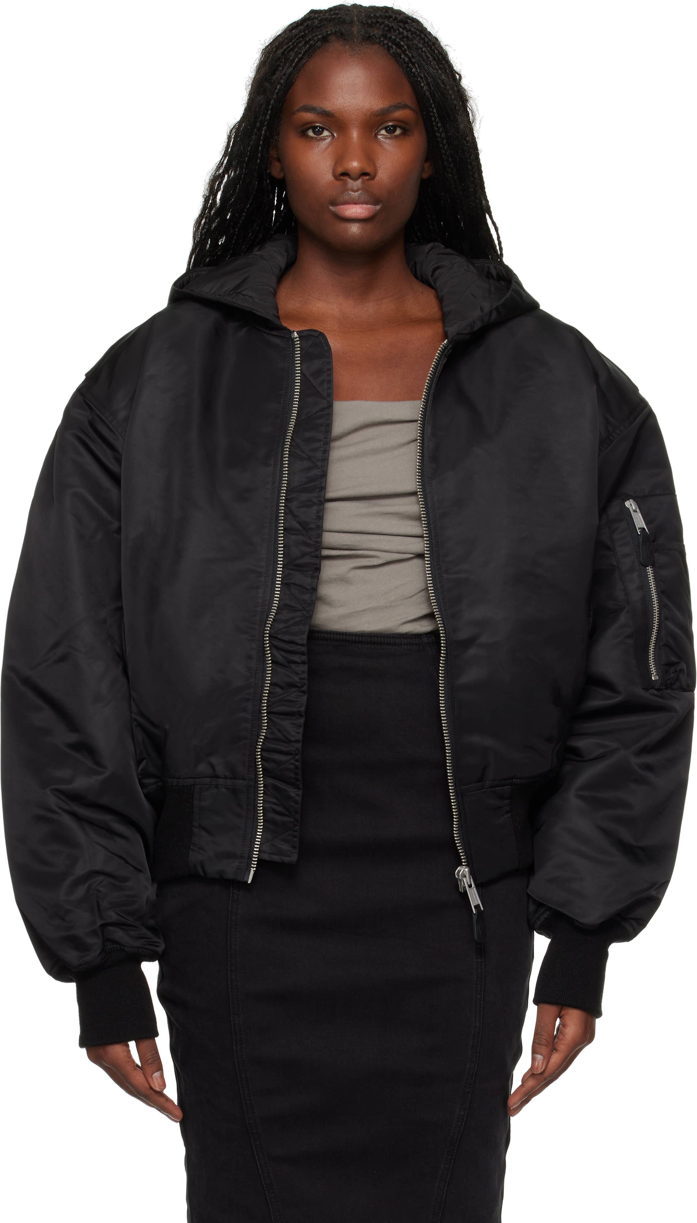 Shop Entire Studios Black Hooded Broad Bomber Jacket In Oil