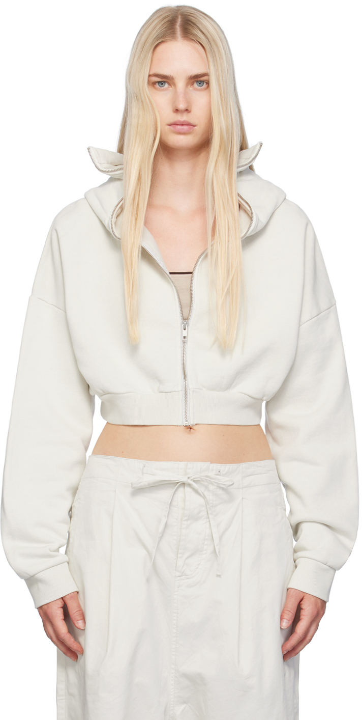 Shop Entire Studios White Cropped Full Zip Hoodie In Rice