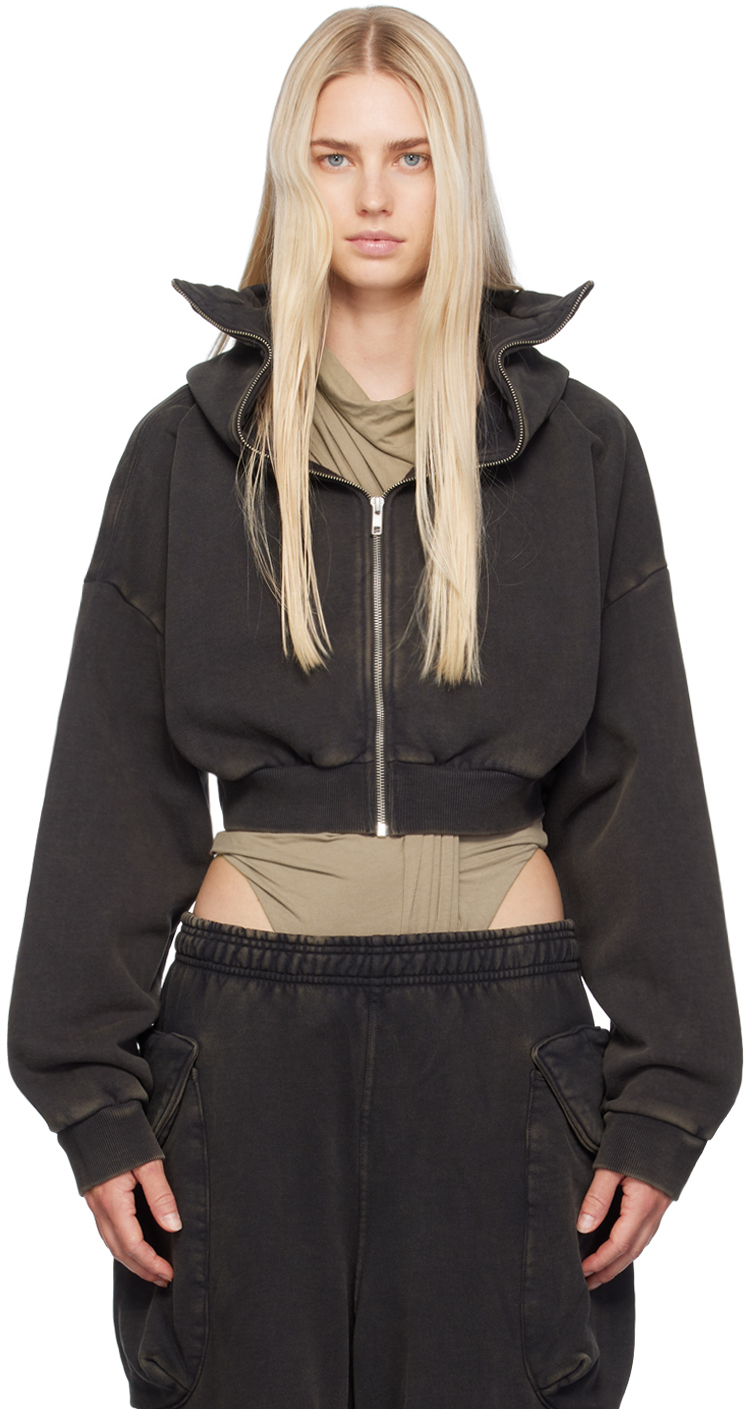 Shop Entire Studios Black Cropped Full Zip Hoodie In Washed Black