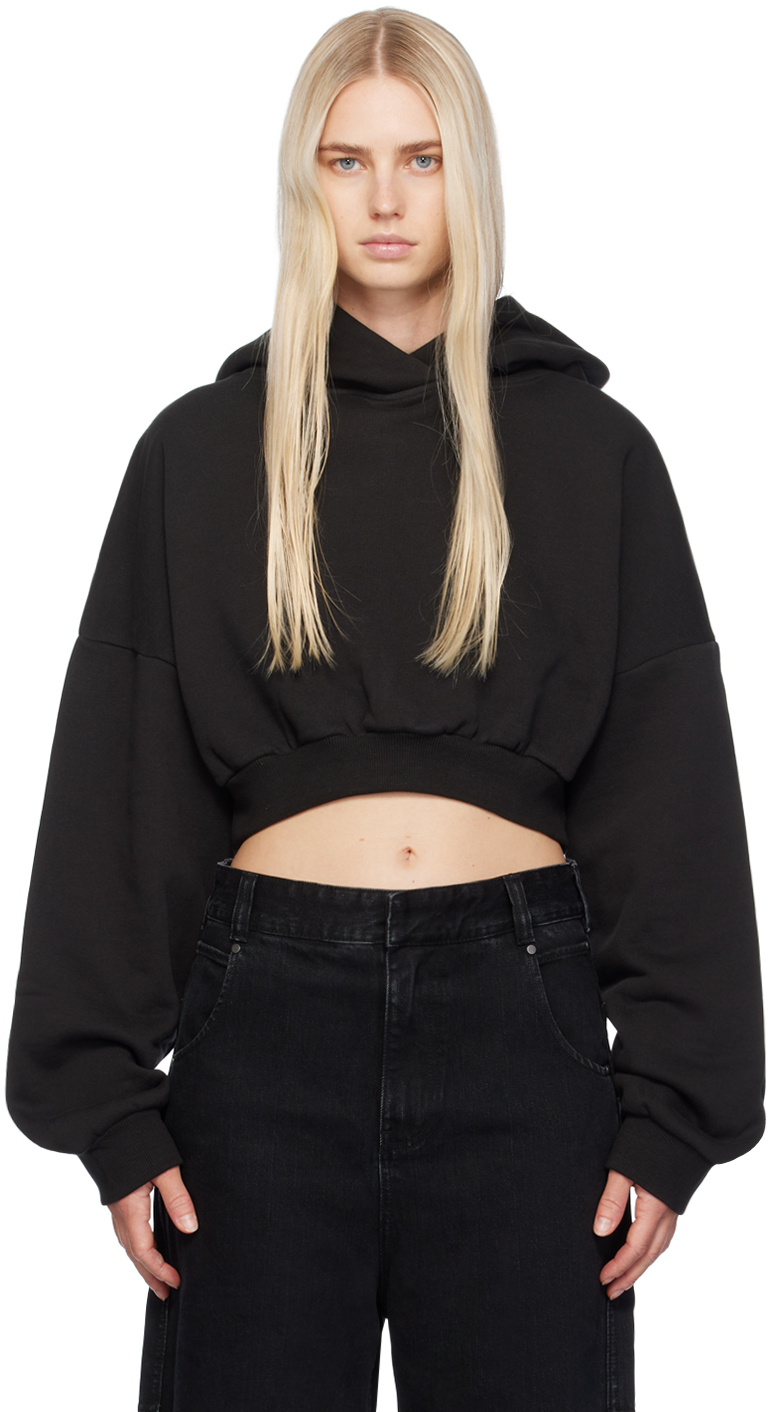 Shop Entire Studios Black Cropped Heavy Hoodie In Soot