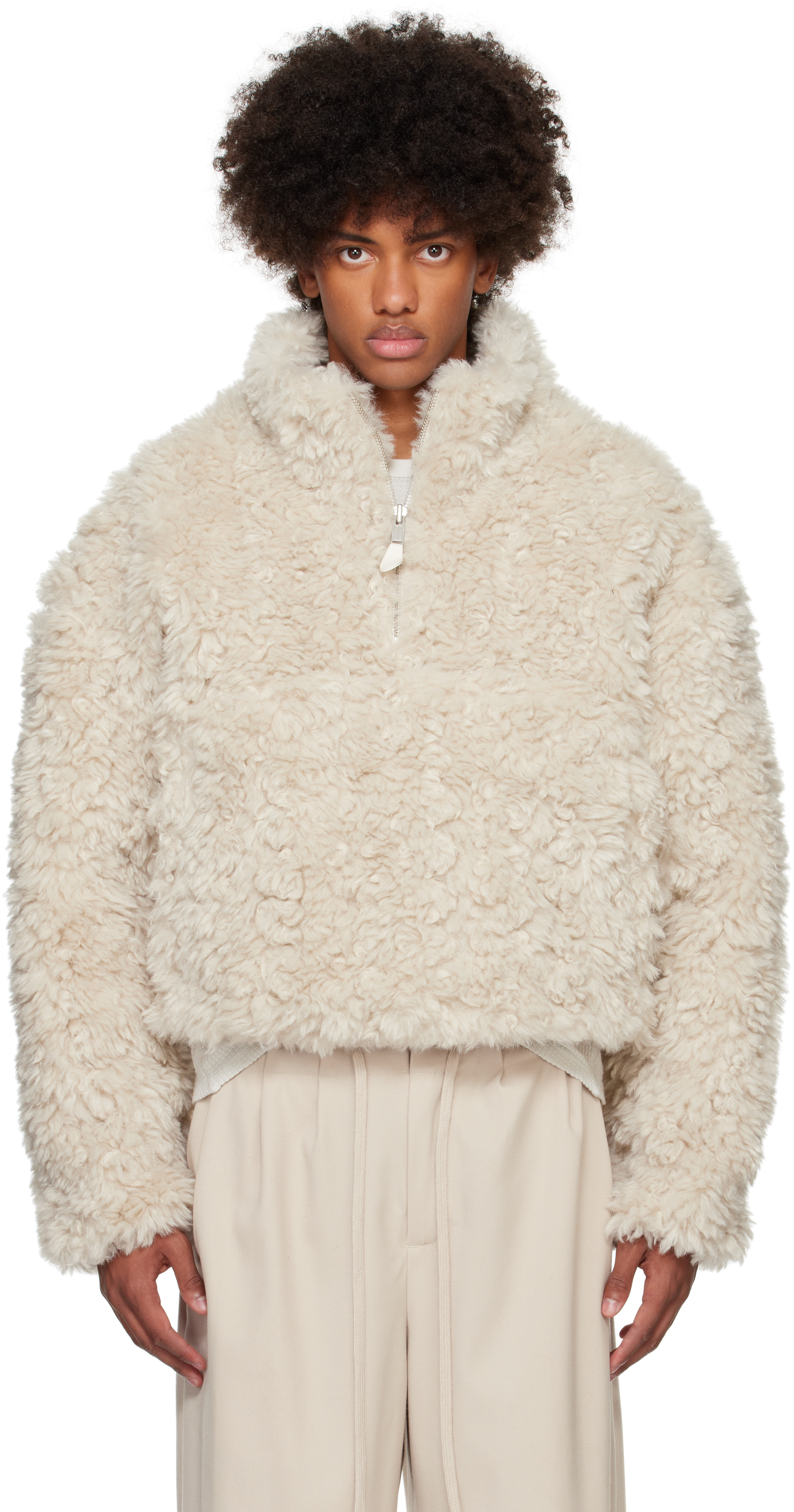 Off White Fluffy Quarter Zip Jacket by Entire Studios on Sale