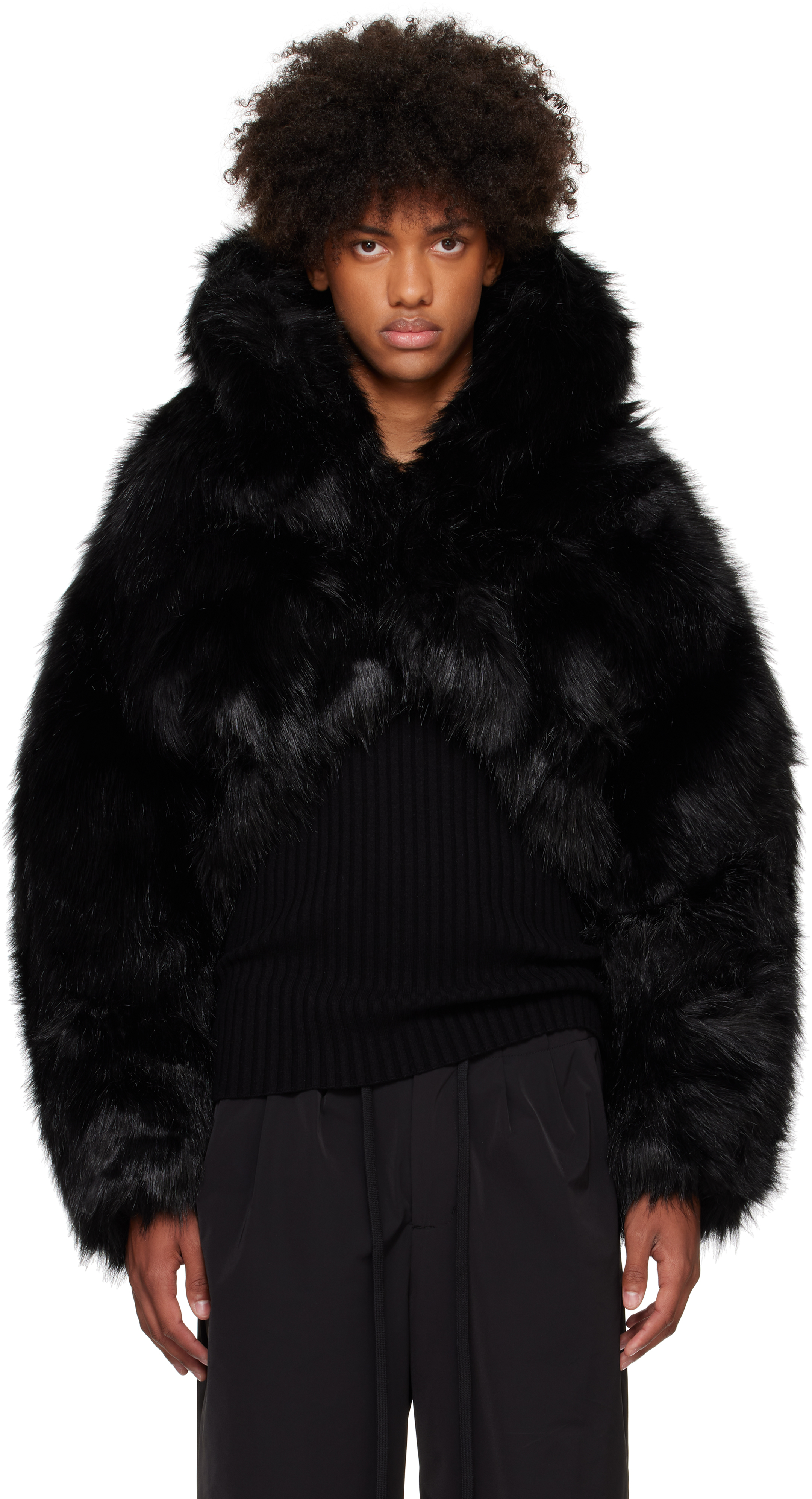 ENTIRE STUDIOS BLACK VICINITY CROP FAUX-FUR JACKET 