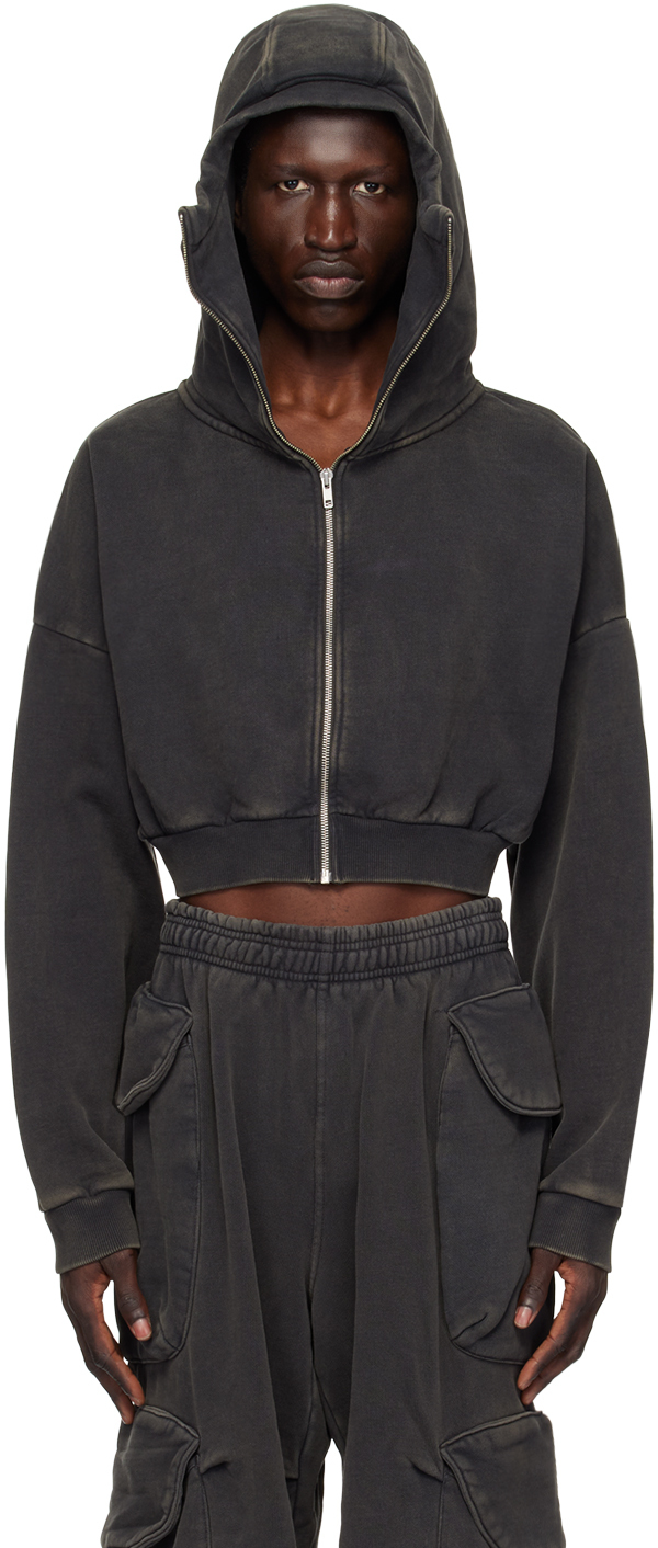 Shop Entire Studios Black Cropped Full Zip Hoodie In Washed Black