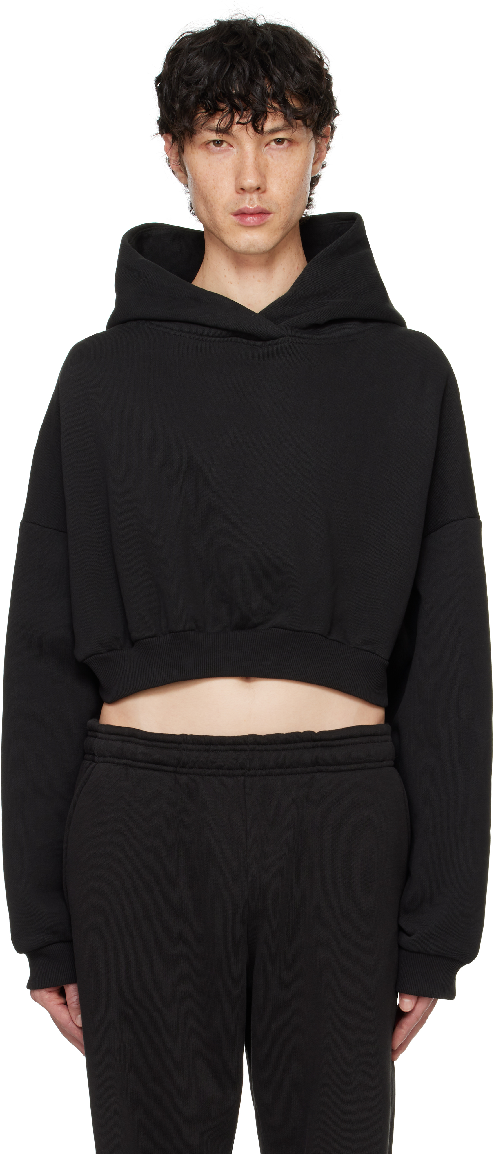 Shop Entire Studios Black Cropped Heavy Hoodie In Soot