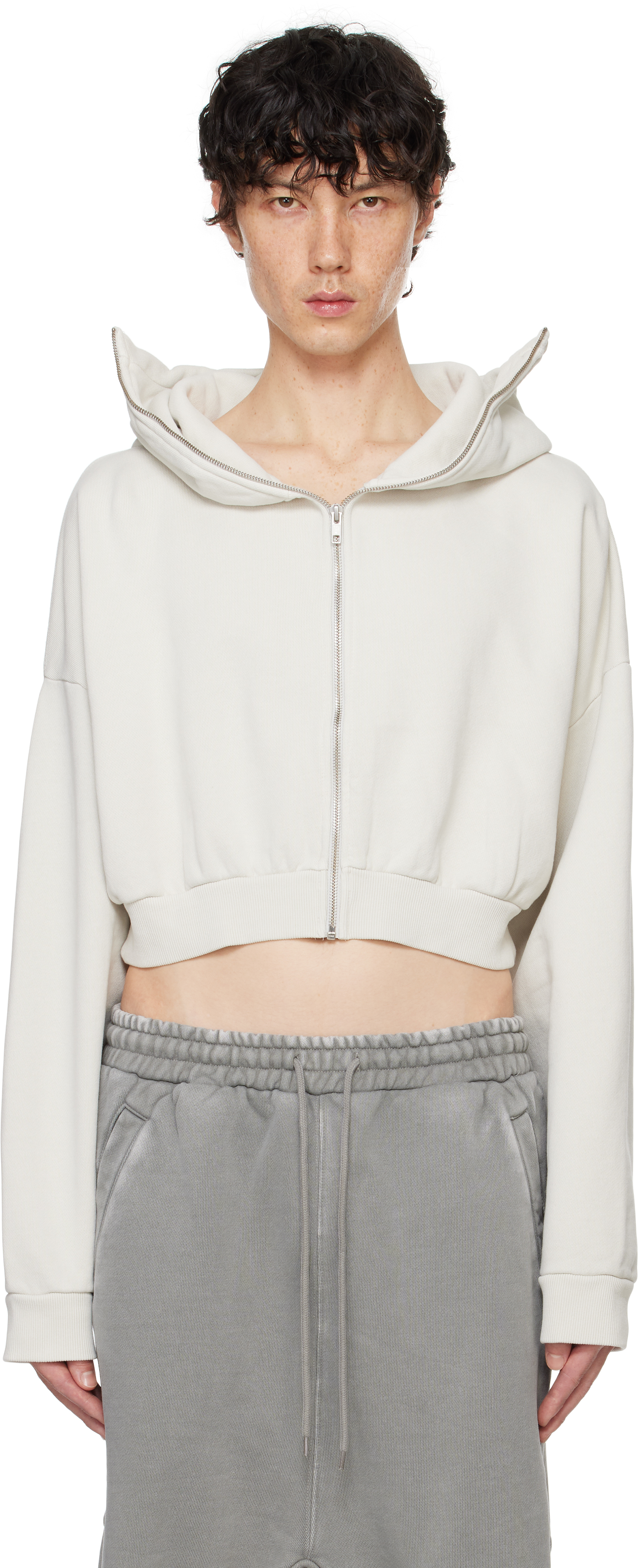 Shop Entire Studios Off-white Cropped Full Zip Hoodie In Rice