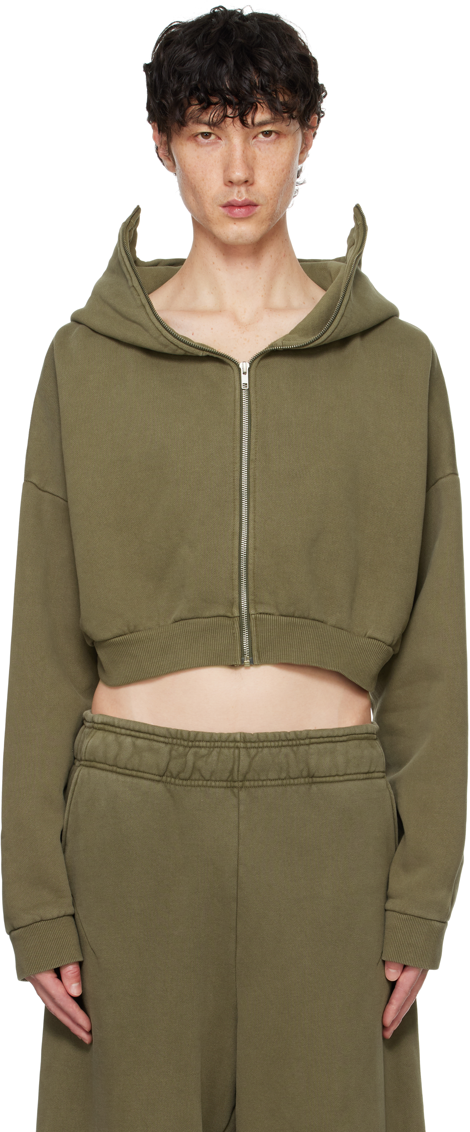 Khaki Cropped Full Zip Hoodie