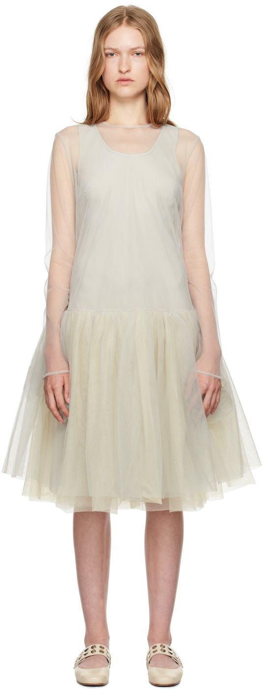 Shop Molly Goddard Off-white Raquel Midi Dress In Grey Cream