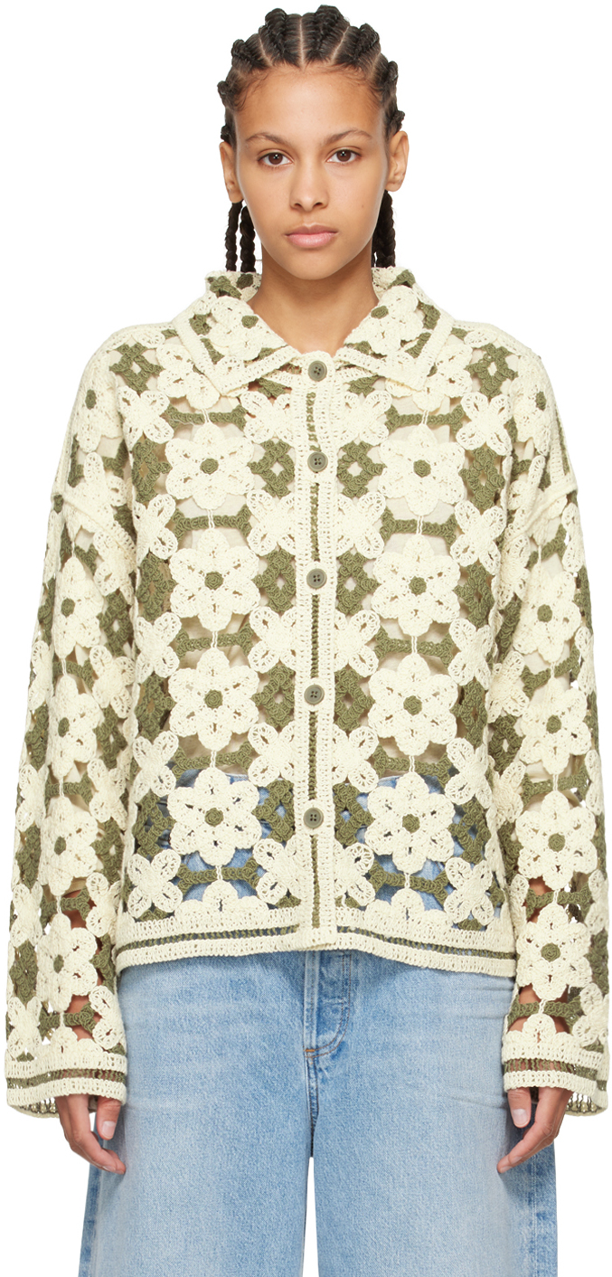 Shop Holzweiler Green & Off-white Button Cardigan In 1318 Green Mix