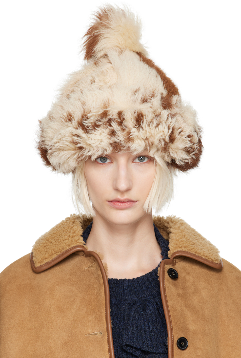 Shop Cawley Off-white & Brown Bobble Shearling Beanie In Cow