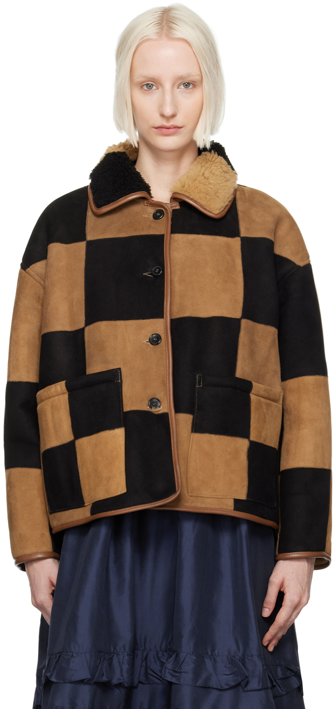 Brown & Off-White Stripe Avis Reversible Shearling Jacket