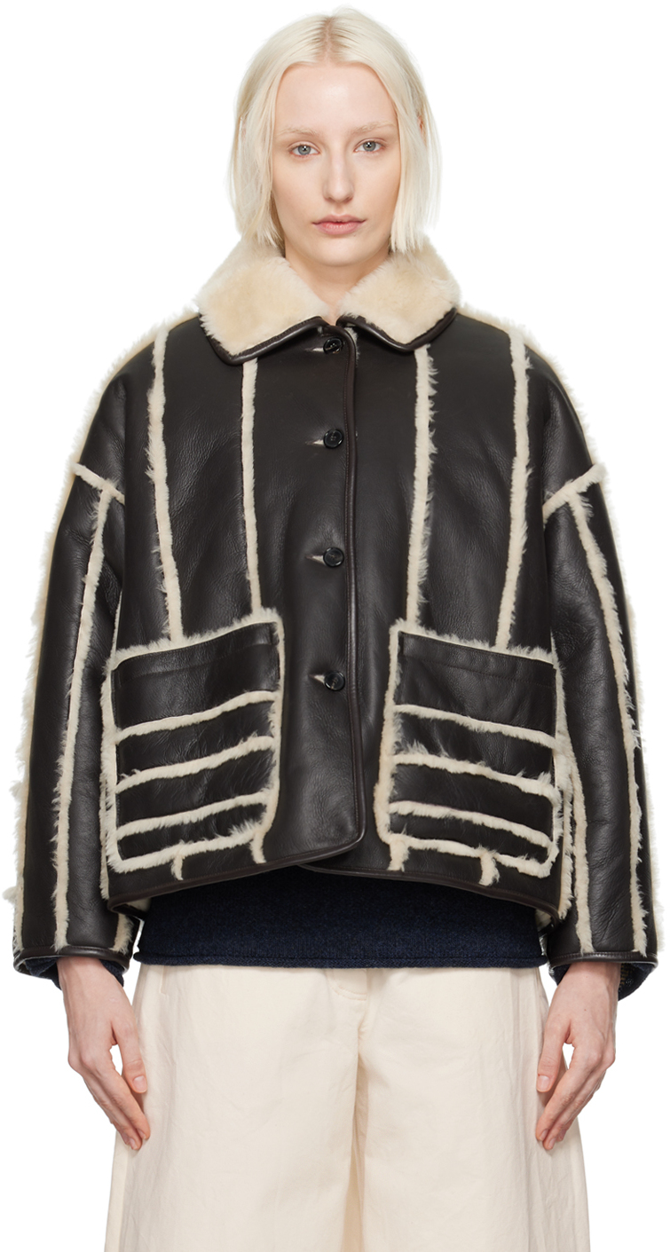 Brown & Off-White Stripe Avis Reversible Shearling Jacket