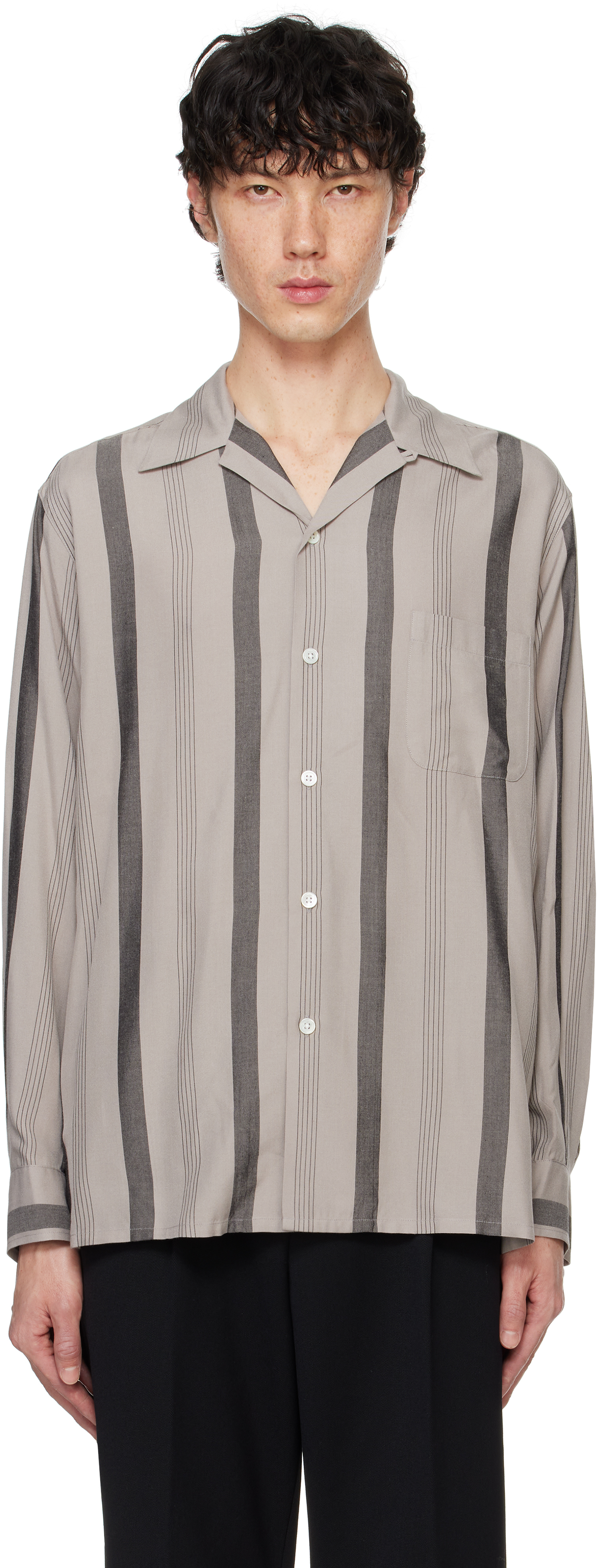 Gray Striped Open Collar Shirt