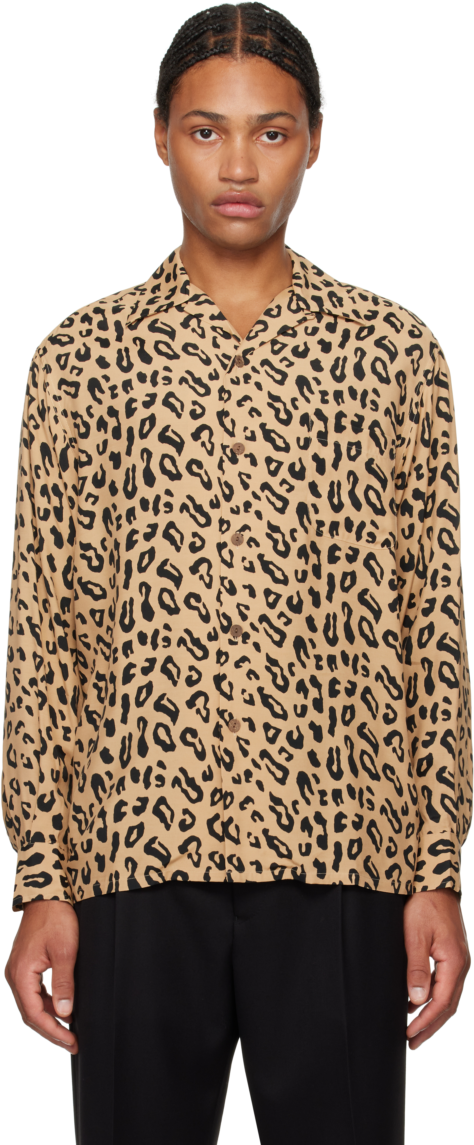 Shop Wacko Maria Beige Leopard Open Collar Shirt