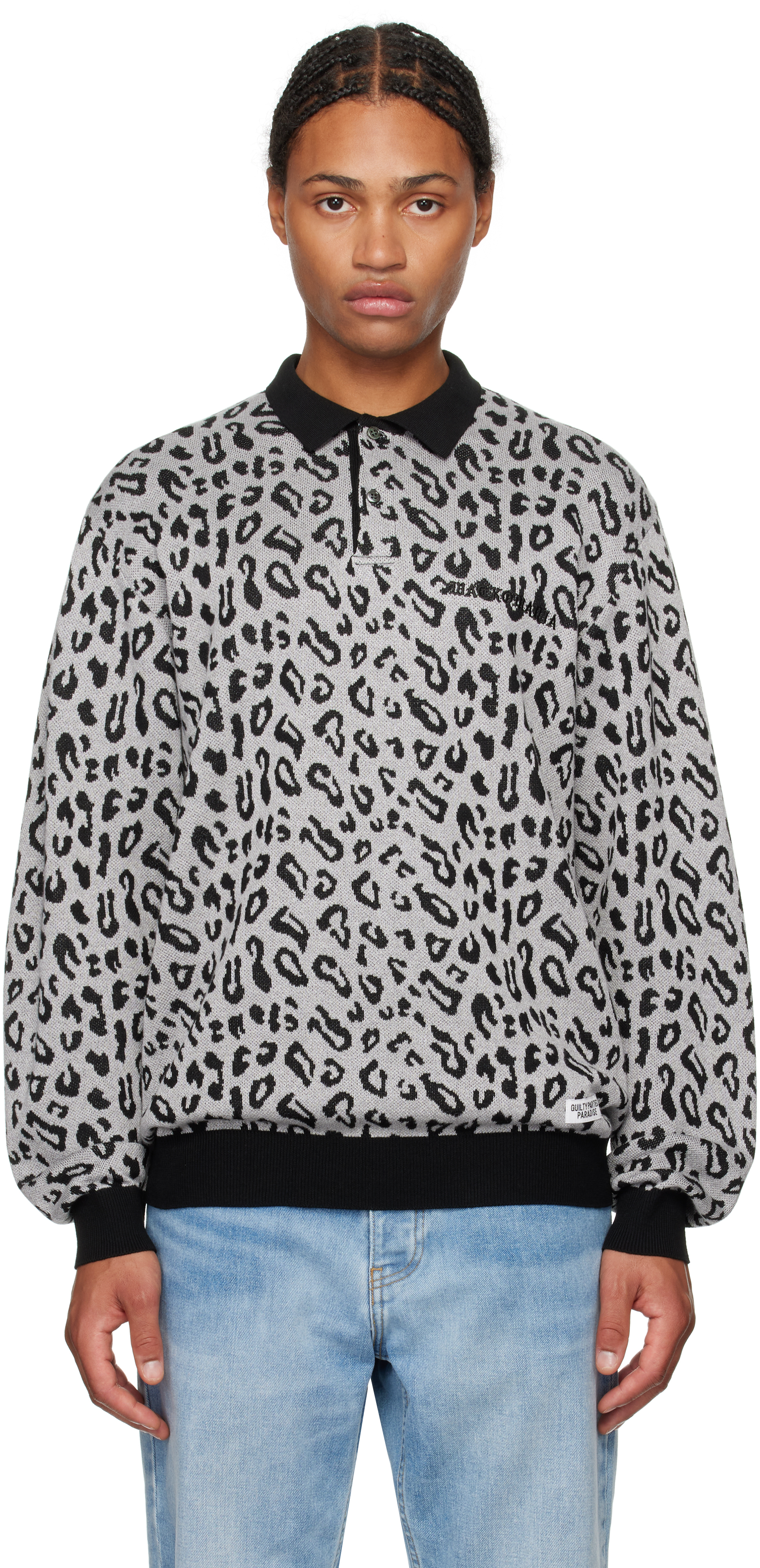 Shop Wacko Maria Gray Leopard Knit Polo