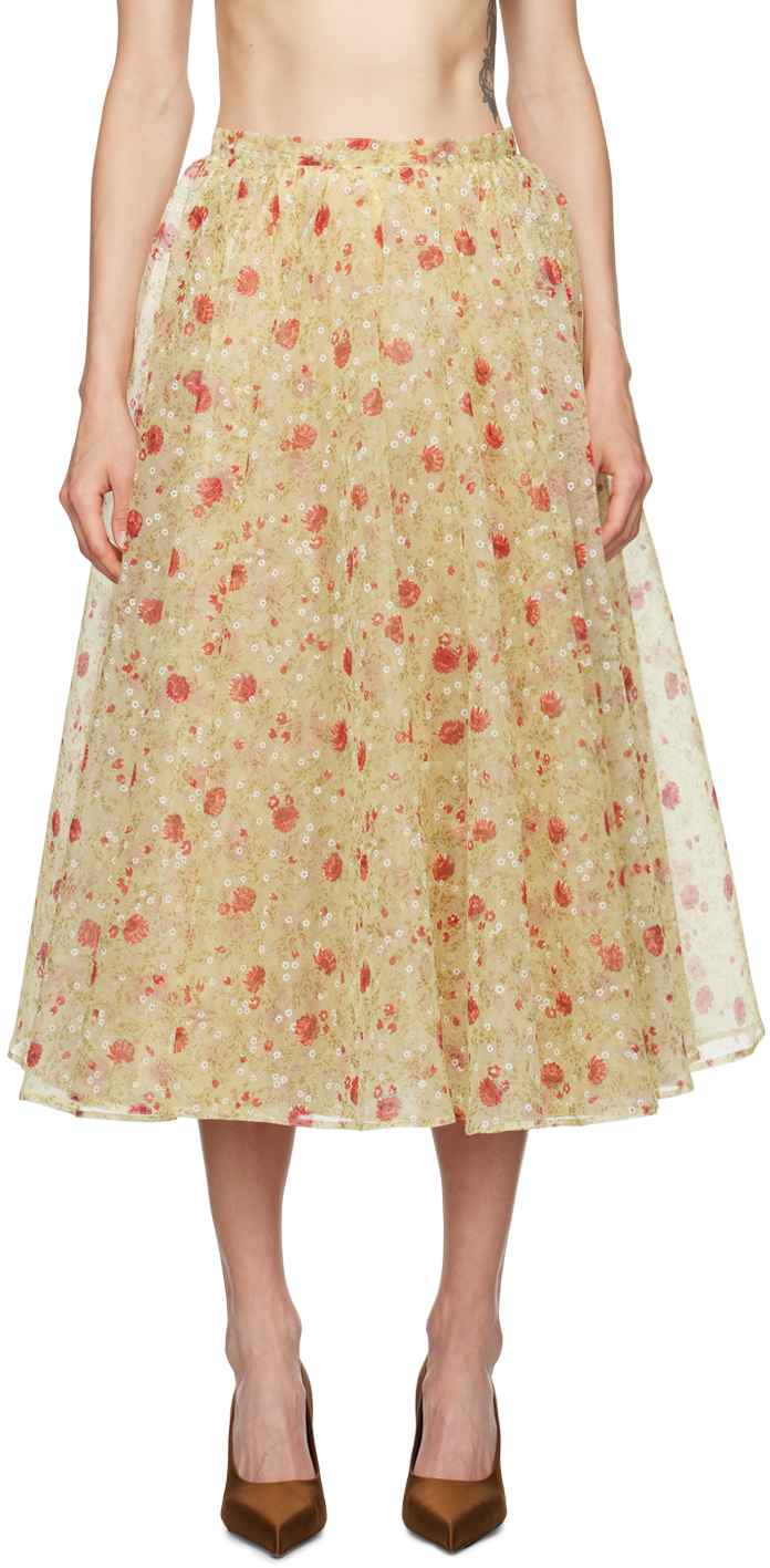 Prada: Yellow Printed Nylonette Midi Skirt | SSENSE Canada