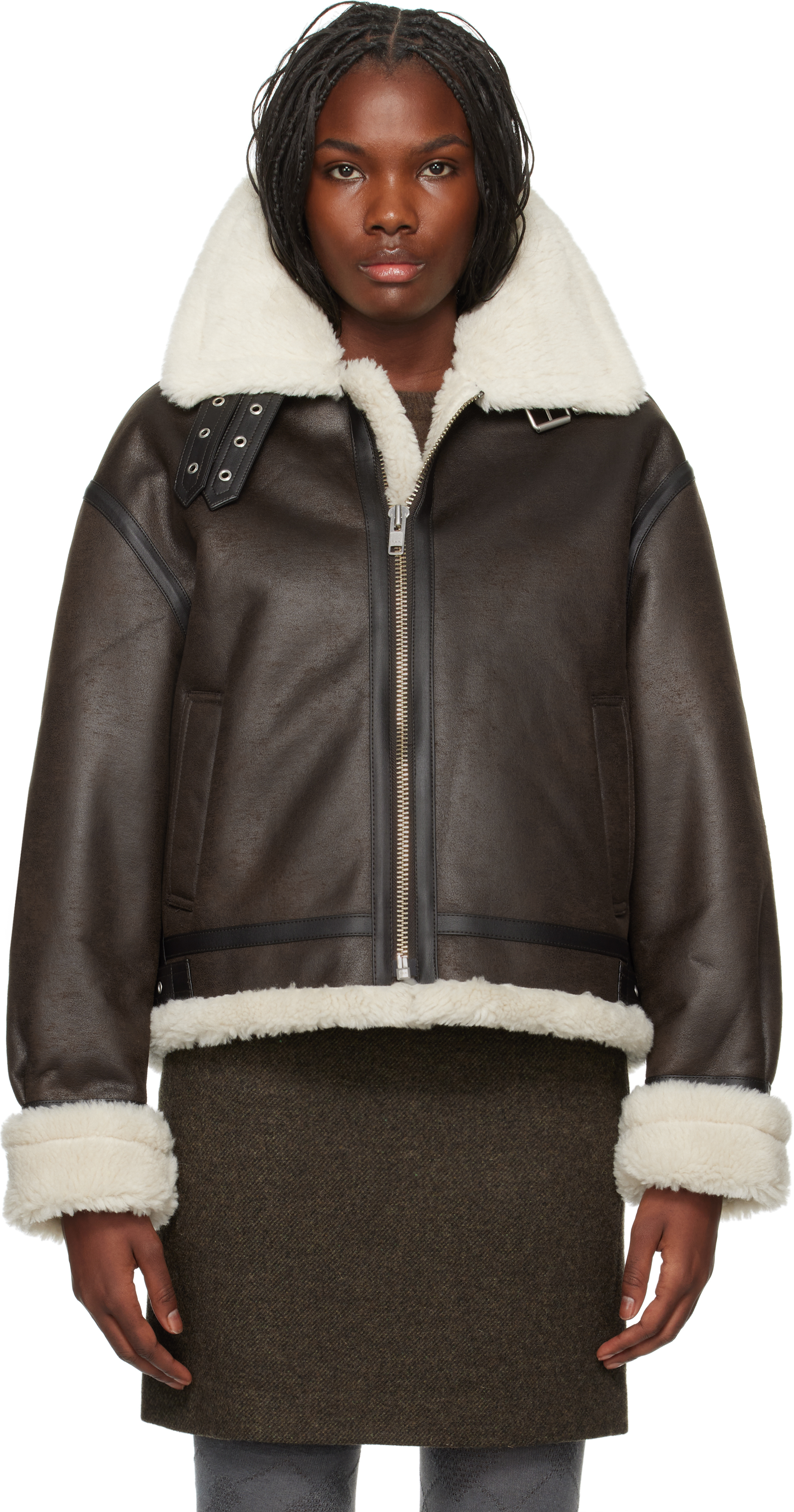 Brown Loose Fit Line Faux-Shearling Jacket by Dunst on Sale