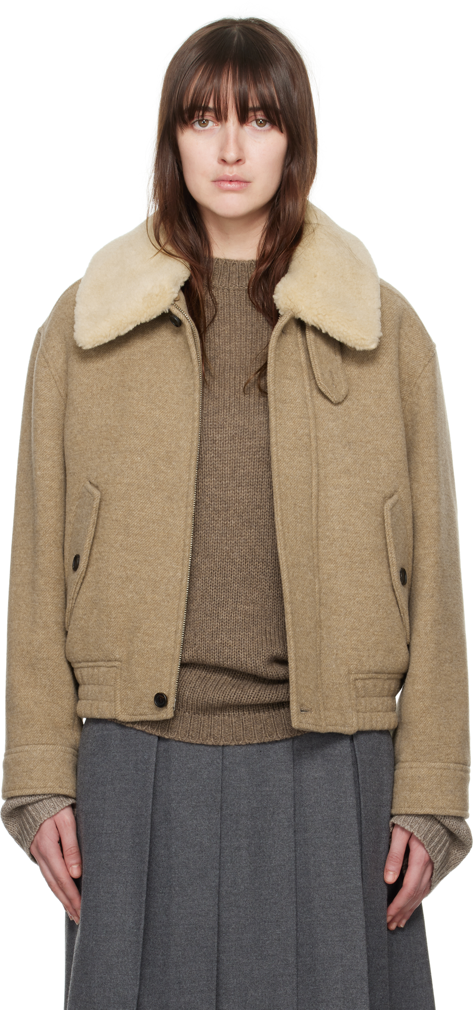 Shop Dunst Beige Detachable Faux-shearling Collar Bomber Jacket In Camel Beige